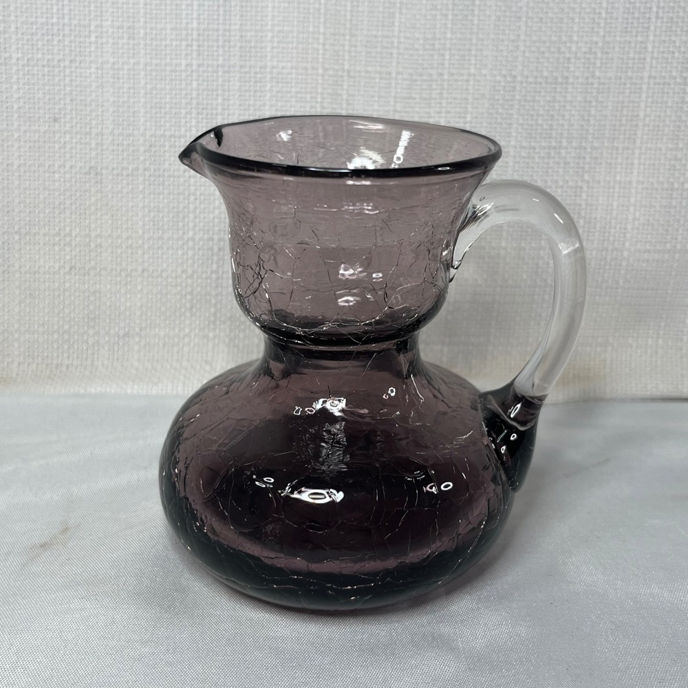 Vintage Amethyst Purple Crackle Glass Mini Pitcher Clear Handle Vintage Style